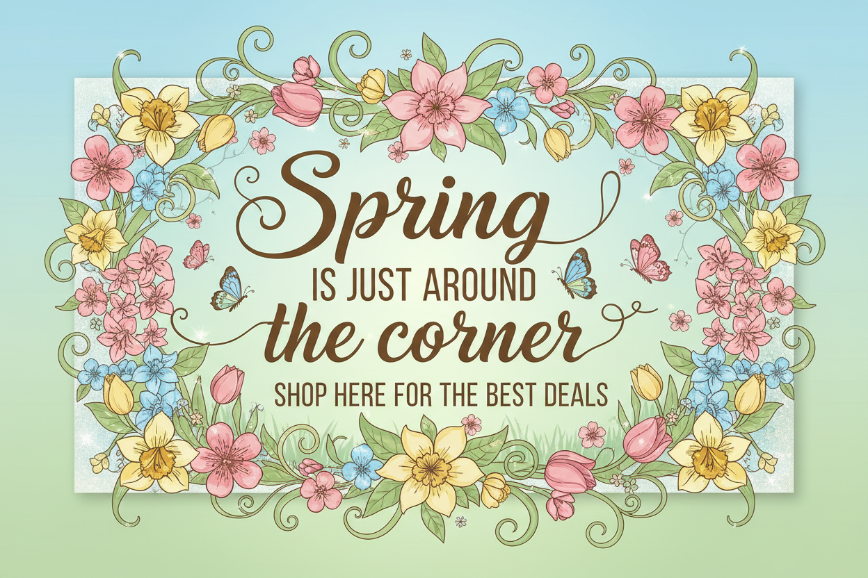 spring is just around the corner shoppe here for the best deals sign